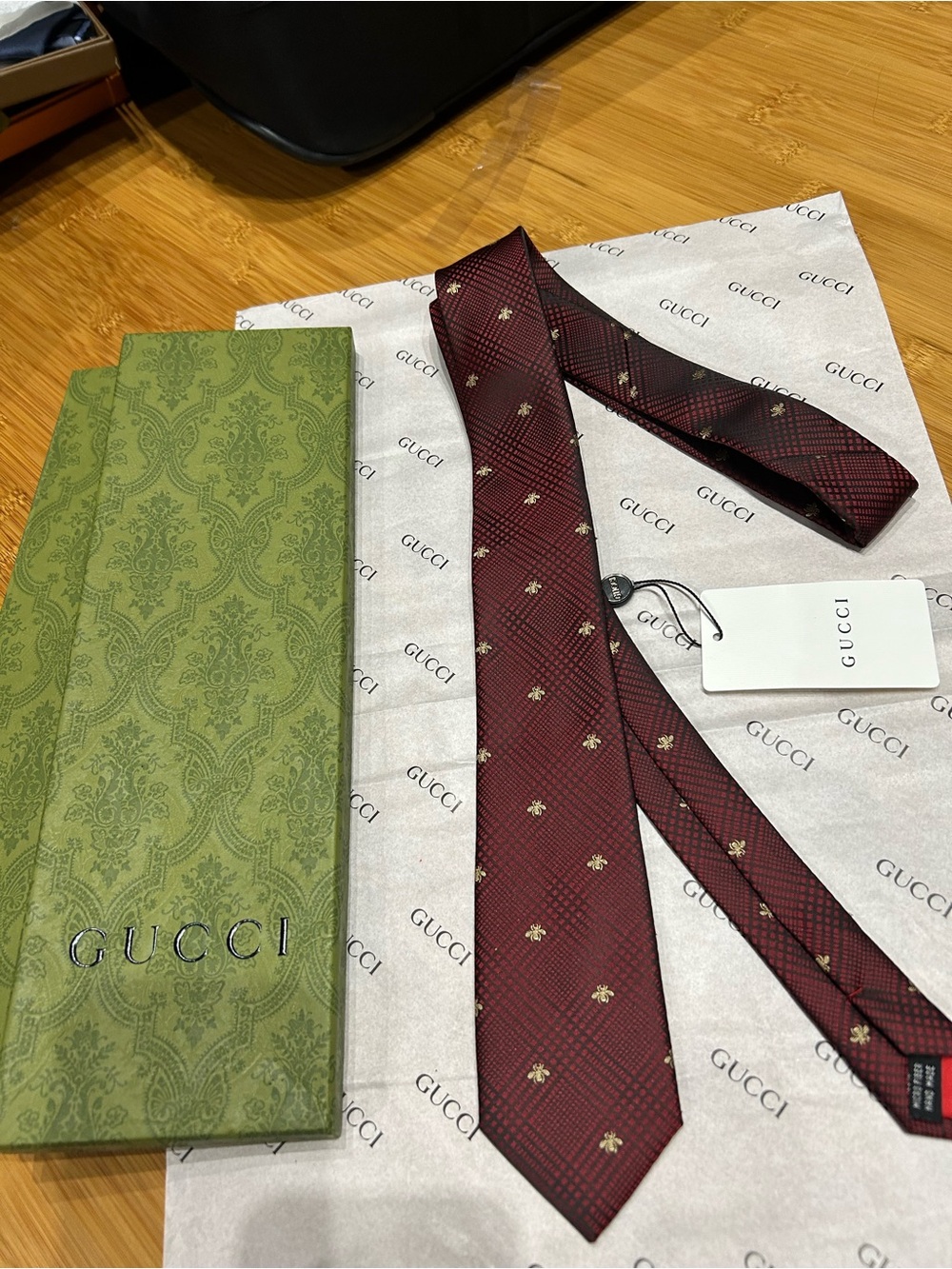 Gucci Burgundy Silk Tie with Gold Bee Accent